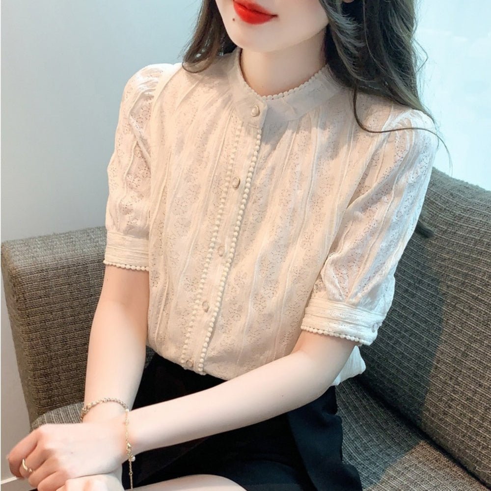 レースモチーフパールボタンブラウス|オフィスカジュアル レディース 通販【ミレジェネ】