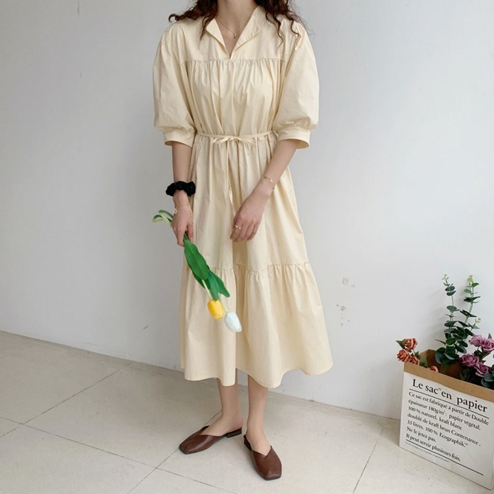 オフィスカジュアル 春夏 開襟パフスリーブティアードワンピース ミレジェネ