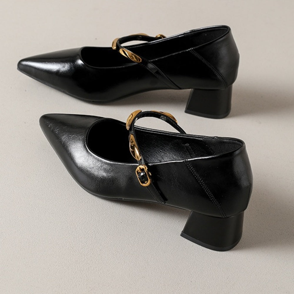 スクエアヒールゴールドストラップパンプス|オフィスカジュアル レディース 通販【ミレジェネ】