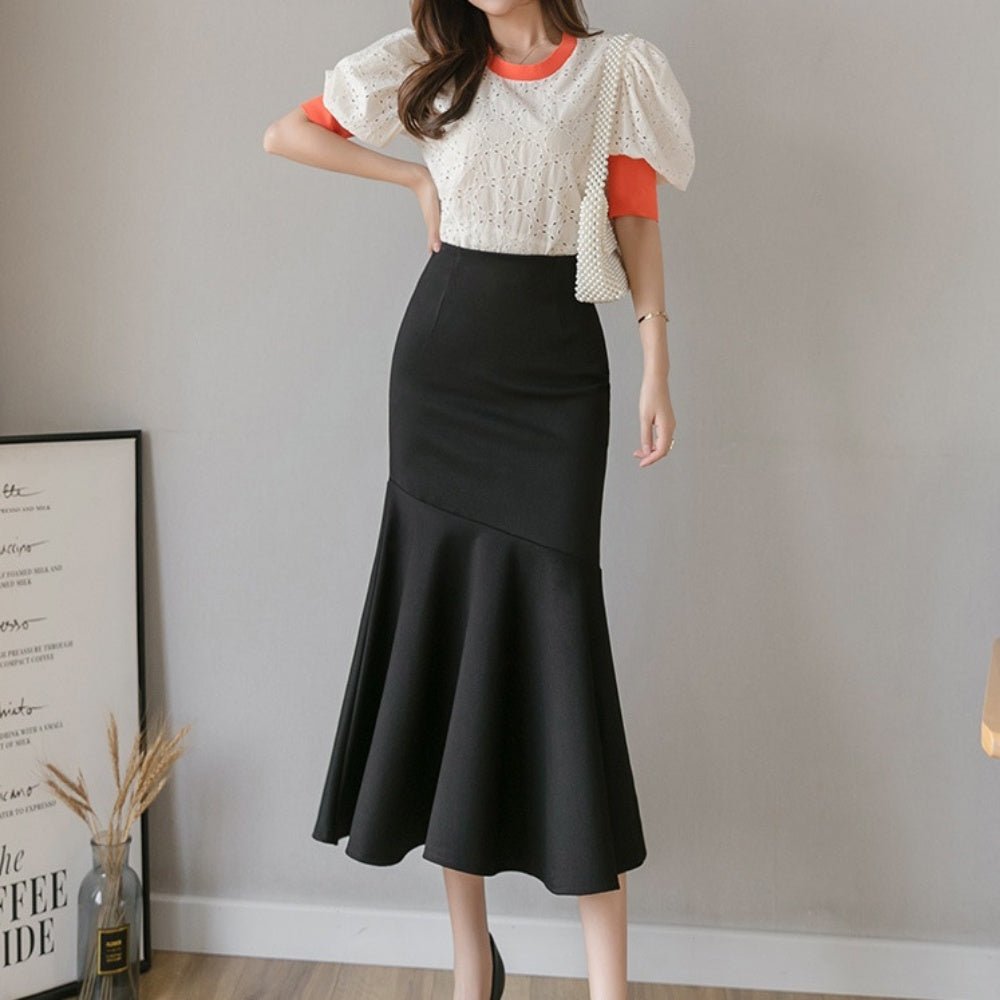 オフィスカジュアル 夏 斜め切り替えフリルマーメイドスカート ミレジェネ
