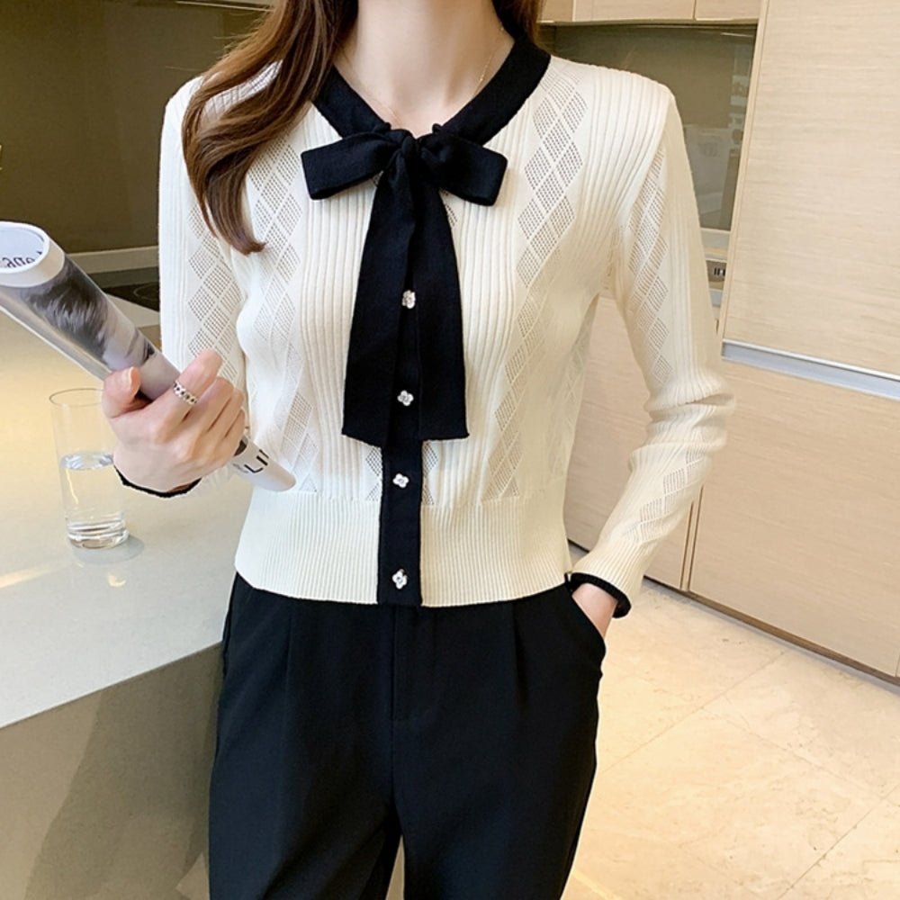 配色ボウタイ付きカーデ風ニットトップス|オフィスカジュアル レディース 通販【ミレジェネ】