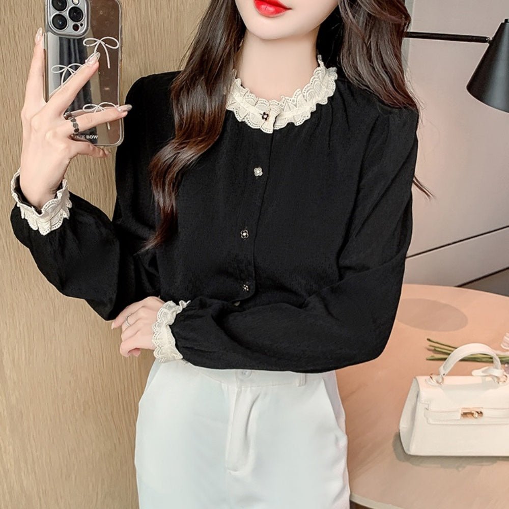 配色フリルトリムノーカラーブラウス|オフィスカジュアル レディース 通販【ミレジェネ】