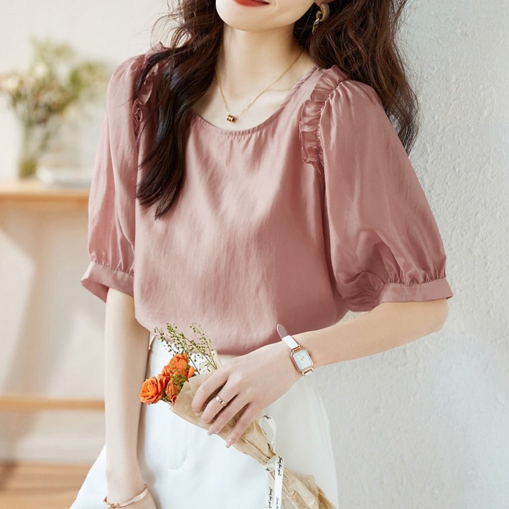 バックボタンショルダーフリルブラウス|オフィスカジュアル レディース 通販【ミレジェネ】