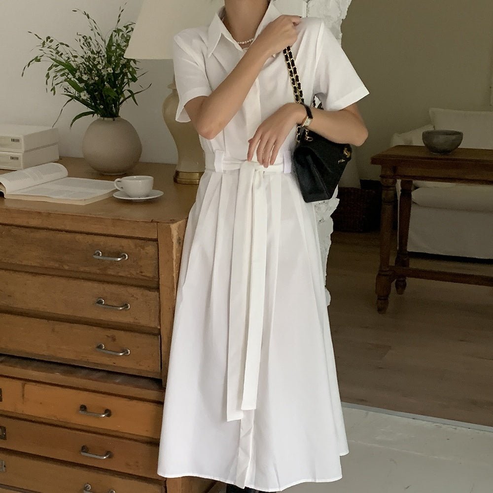 オフィスカジュアル 夏 共布ベルト付きタック半袖ワンピース ミレジェネ