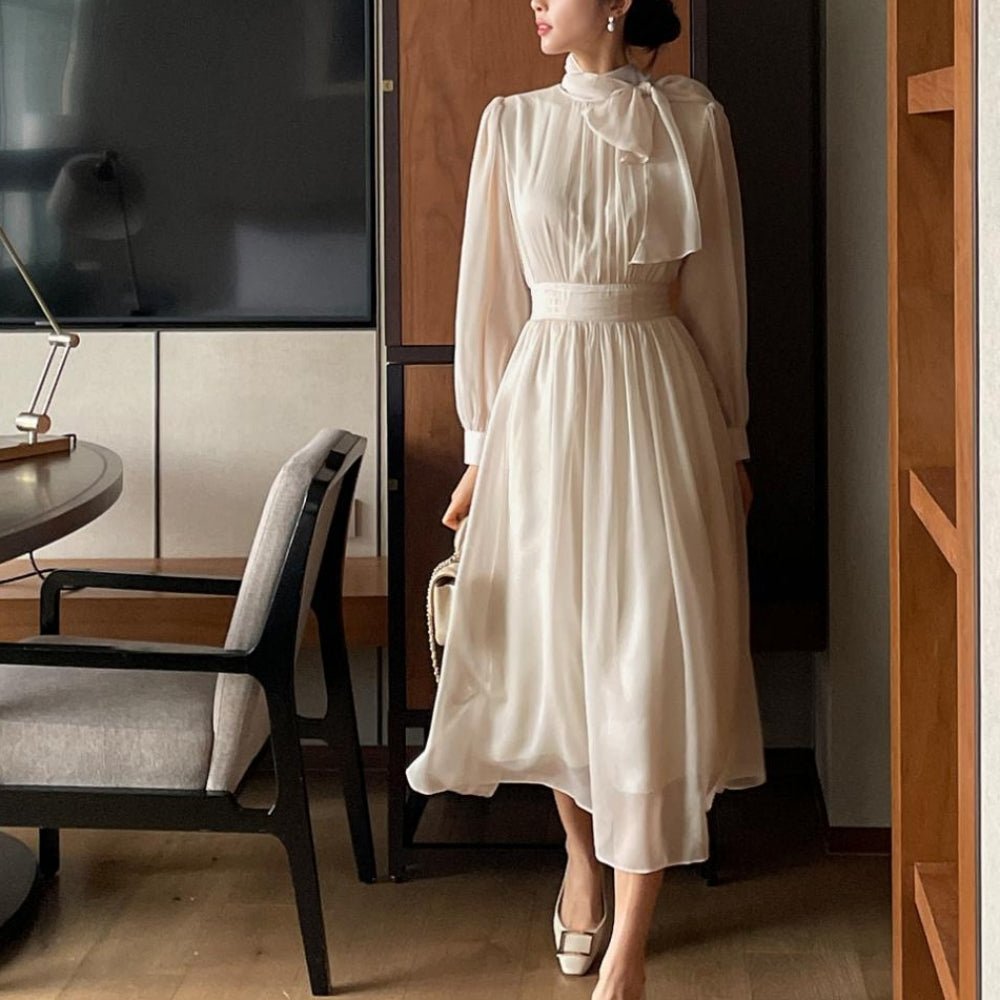 ボウタイネックシフォンフレアワンピース|オフィスカジュアル レディース 通販【ミレジェネ】