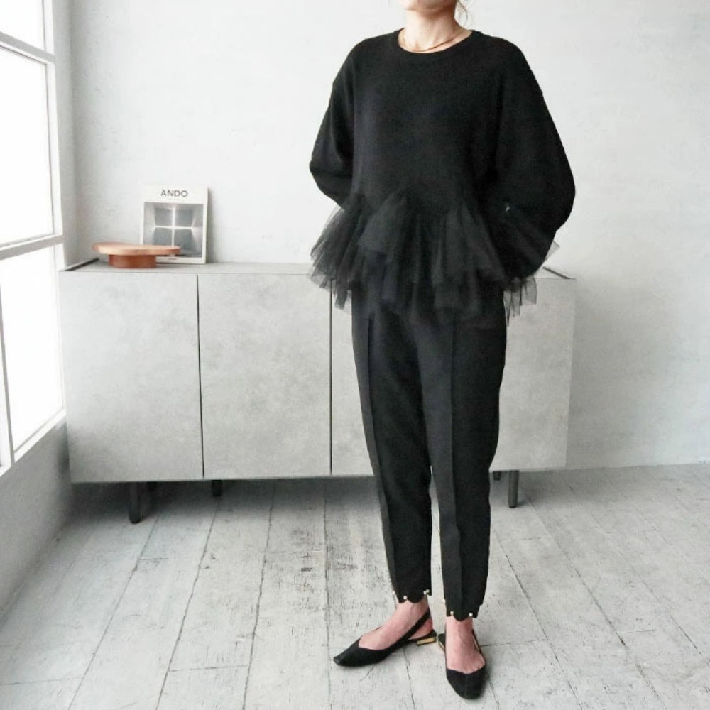 オフィスカジュアル 冬 ウエストデザインチュールニット ミレジェネ