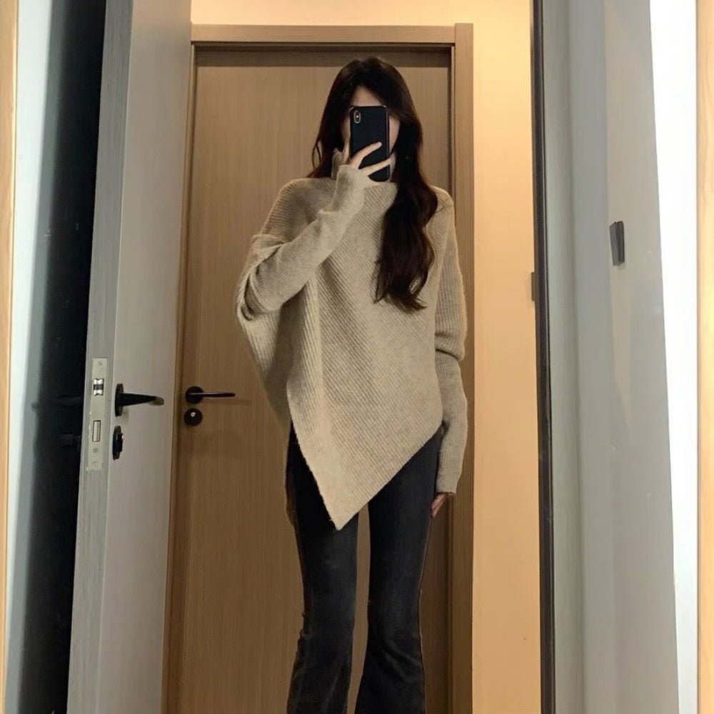 オフィスカジュアル 冬 ハイネックアシンメトリーニット ミレジェネ