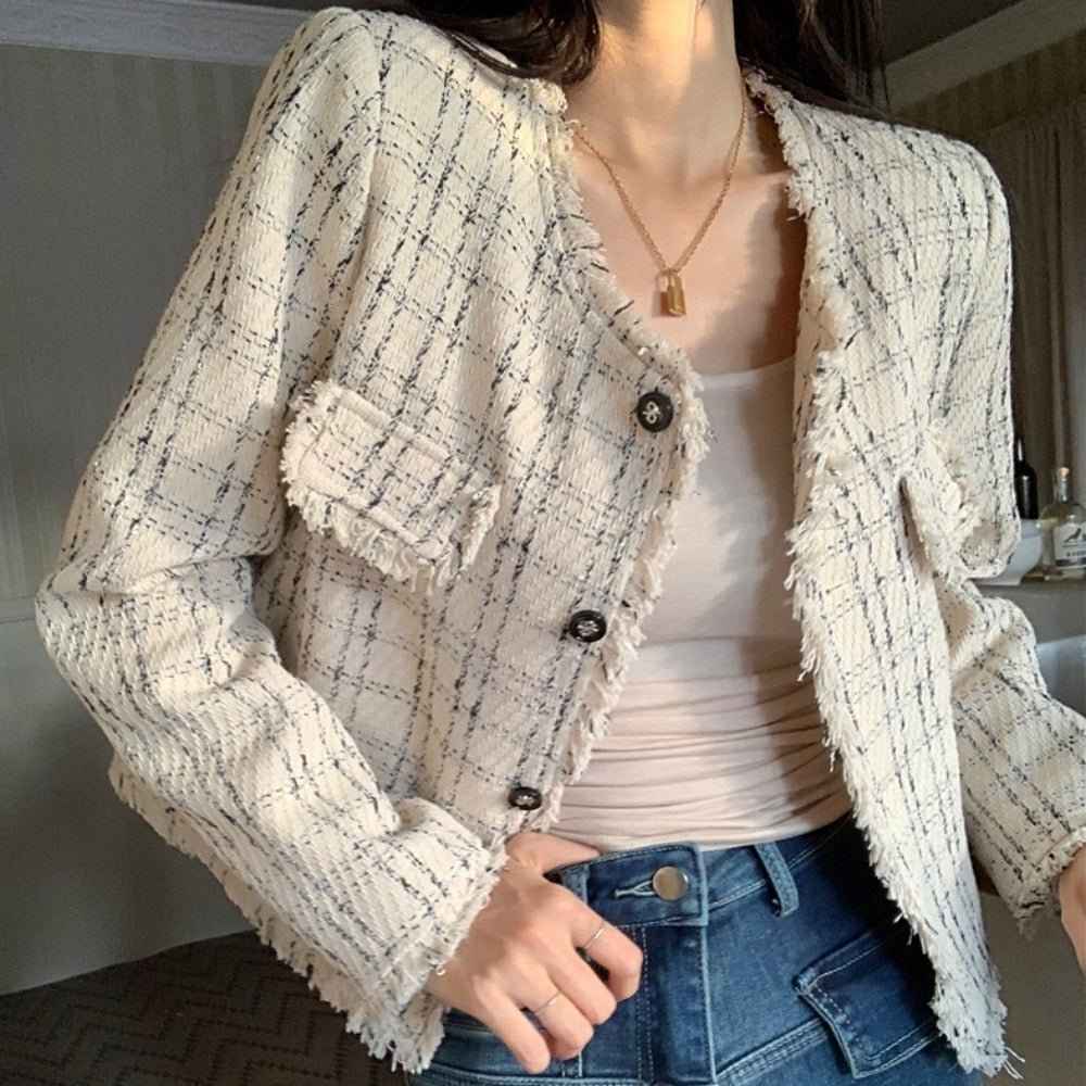 オフィスカジュアル 秋 チェック柄ノーカラーツイードジャケット ミレジェネ