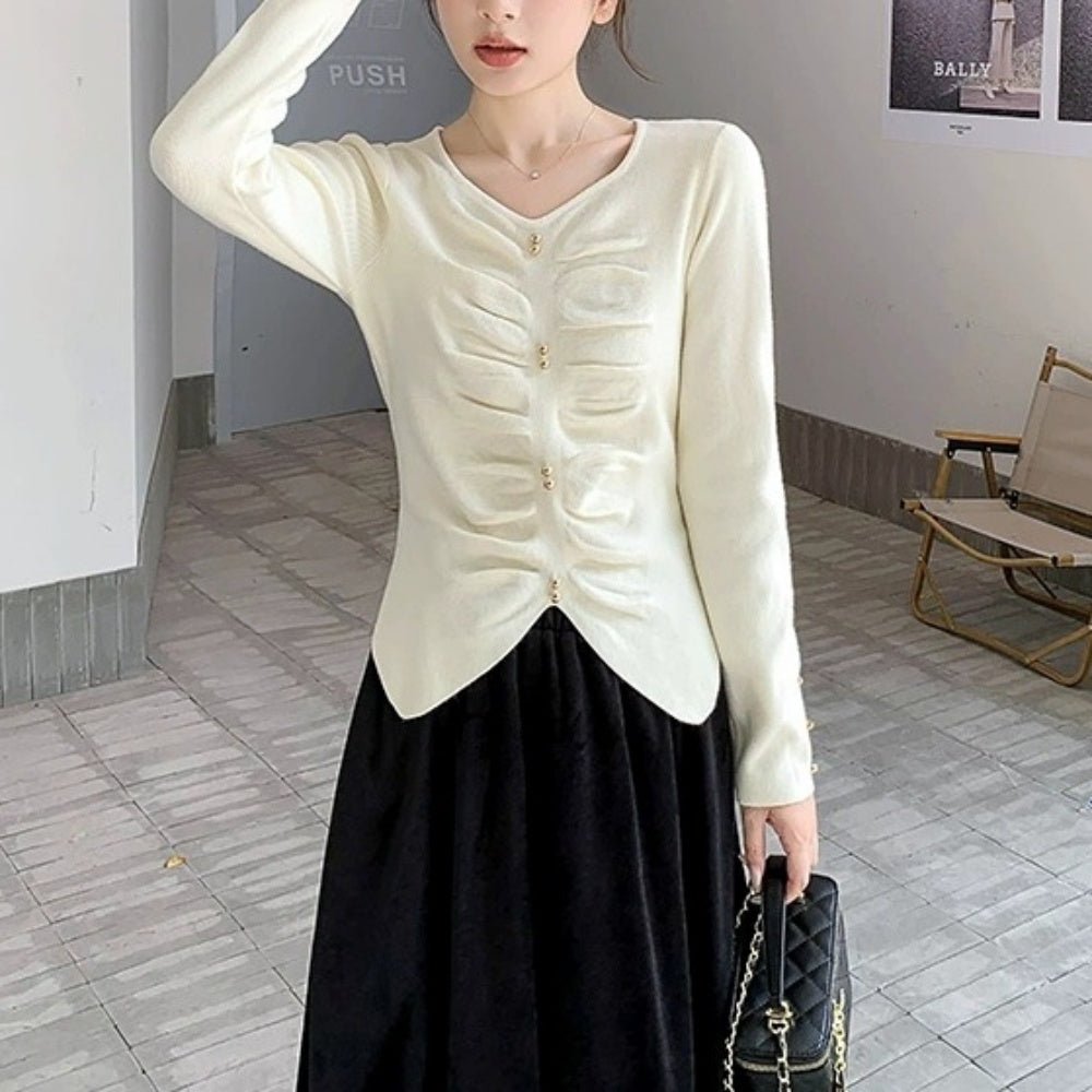 ゴールドボタンハートネックニットトップス|オフィスカジュアル レディース 通販【ミレジェネ】