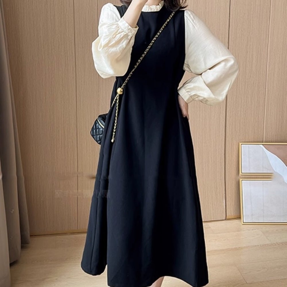 オフィスカジュアル 秋 フリル襟袖切り替え膝丈長袖ワンピース ミレジェネ