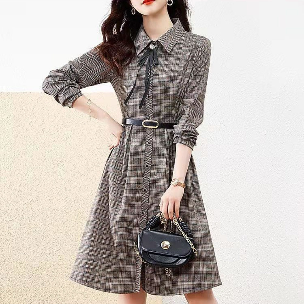 リボン付きチェック柄ひざ丈ワンピース|オフィスカジュアル レディース 通販【ミレジェネ】