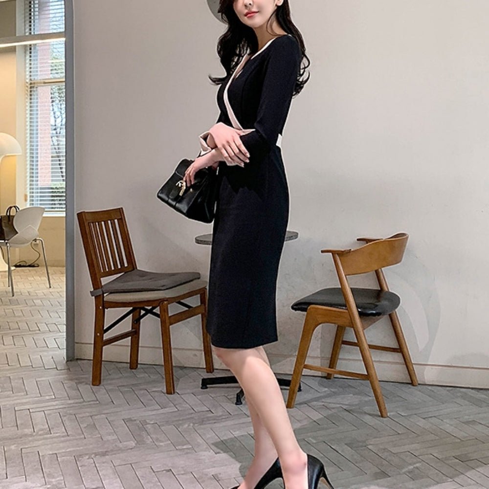 配色ラインVネックスリムワンピース|オフィスカジュアル レディース 通販【ミレジェネ】