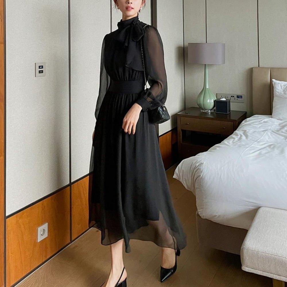 ボウタイネックシフォンフレアワンピース|オフィスカジュアル レディース 通販【ミレジェネ】