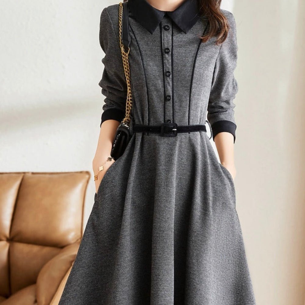 襟付き腰ベルトロングワンピース|オフィスカジュアル レディース 通販【ミレジェネ】