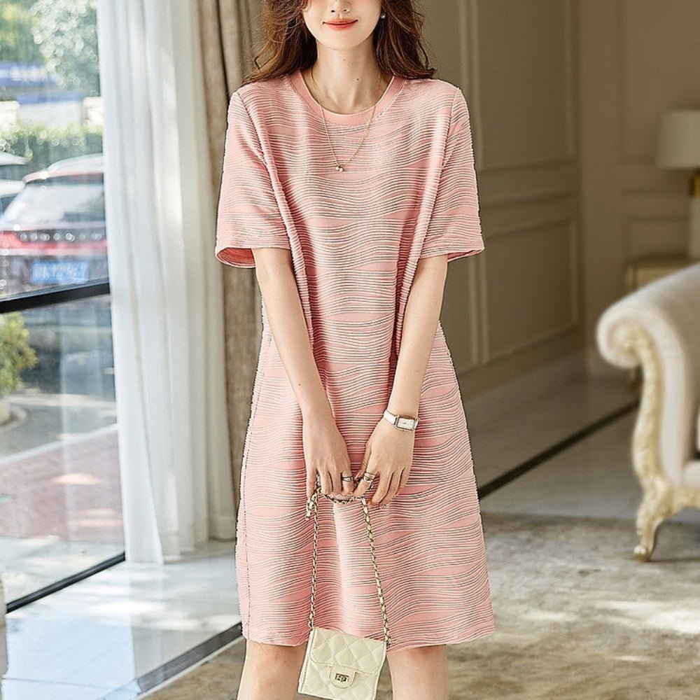 オフィスカジュアル 夏 ラウンドネックシンプルミディアムワンピース ミレジェネ