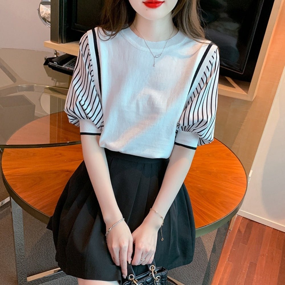 パフスリーブストライプ半袖ニット|オフィスカジュアル レディース 通販【ミレジェネ】