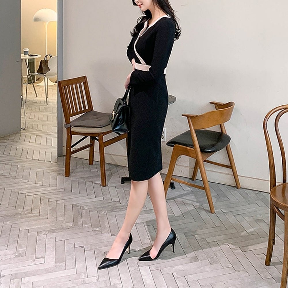 配色ラインVネックスリムワンピース|オフィスカジュアル レディース 通販【ミレジェネ】