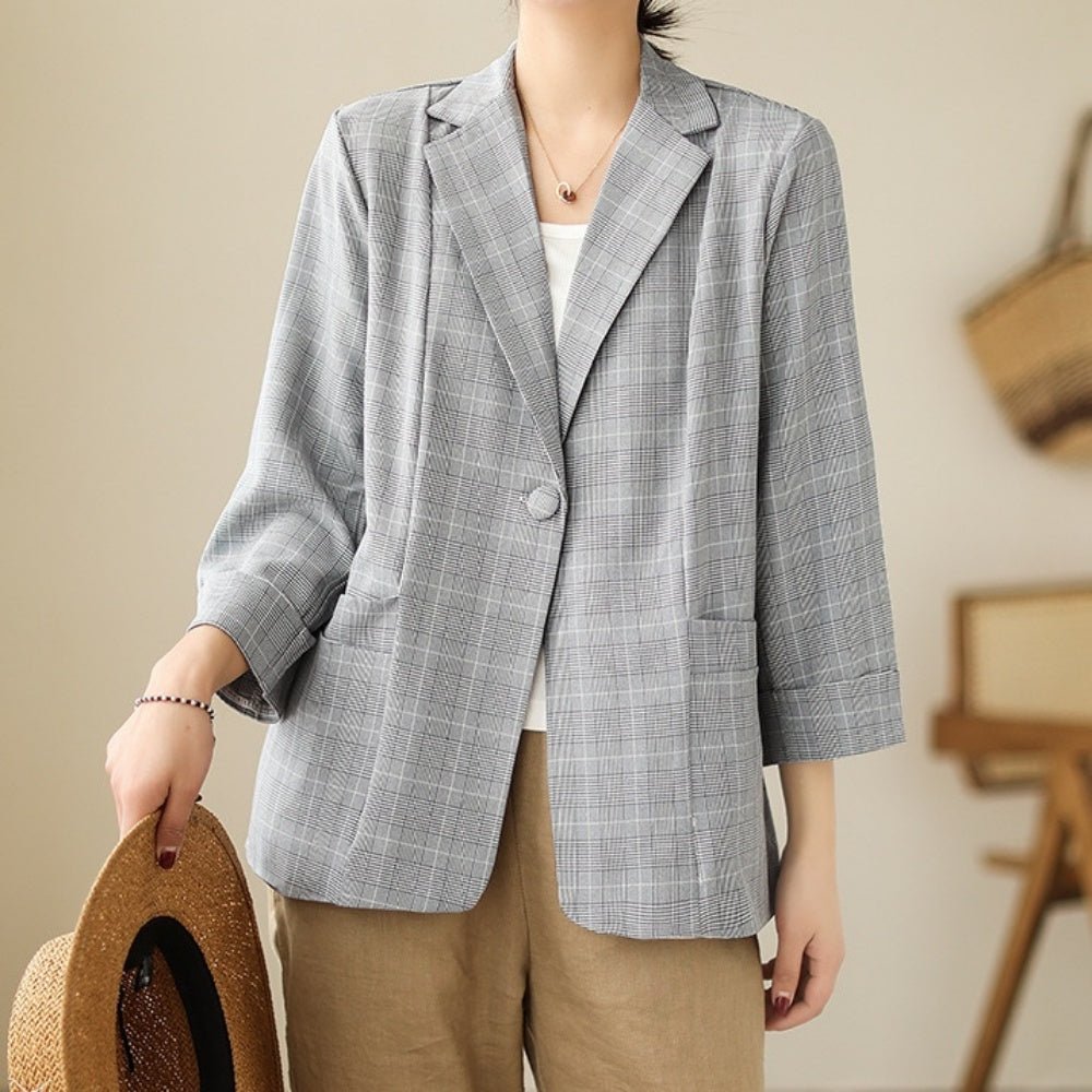 オフィスカジュアル 春 テーラードカラーチェック柄七分袖ジャケット ミレジェネ