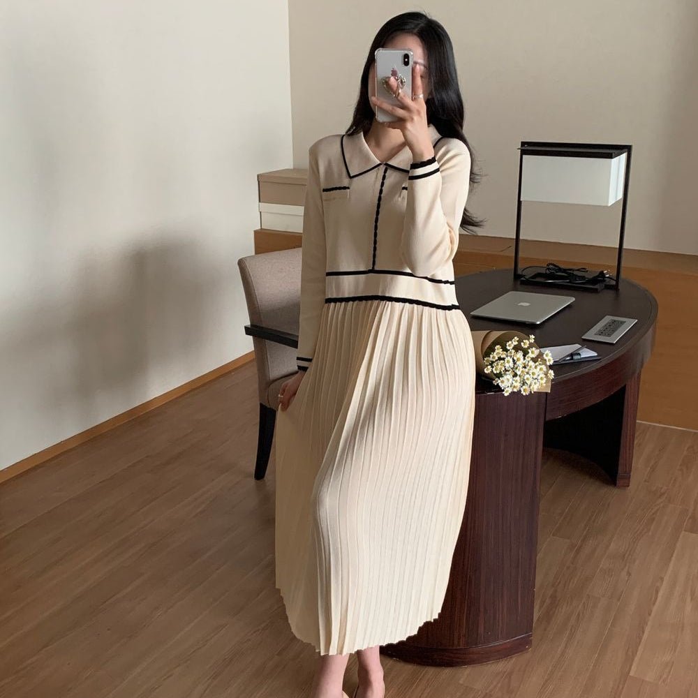 バイカラーラインプリーツニットワンピース|オフィスカジュアル レディース 通販【ミレジェネ】