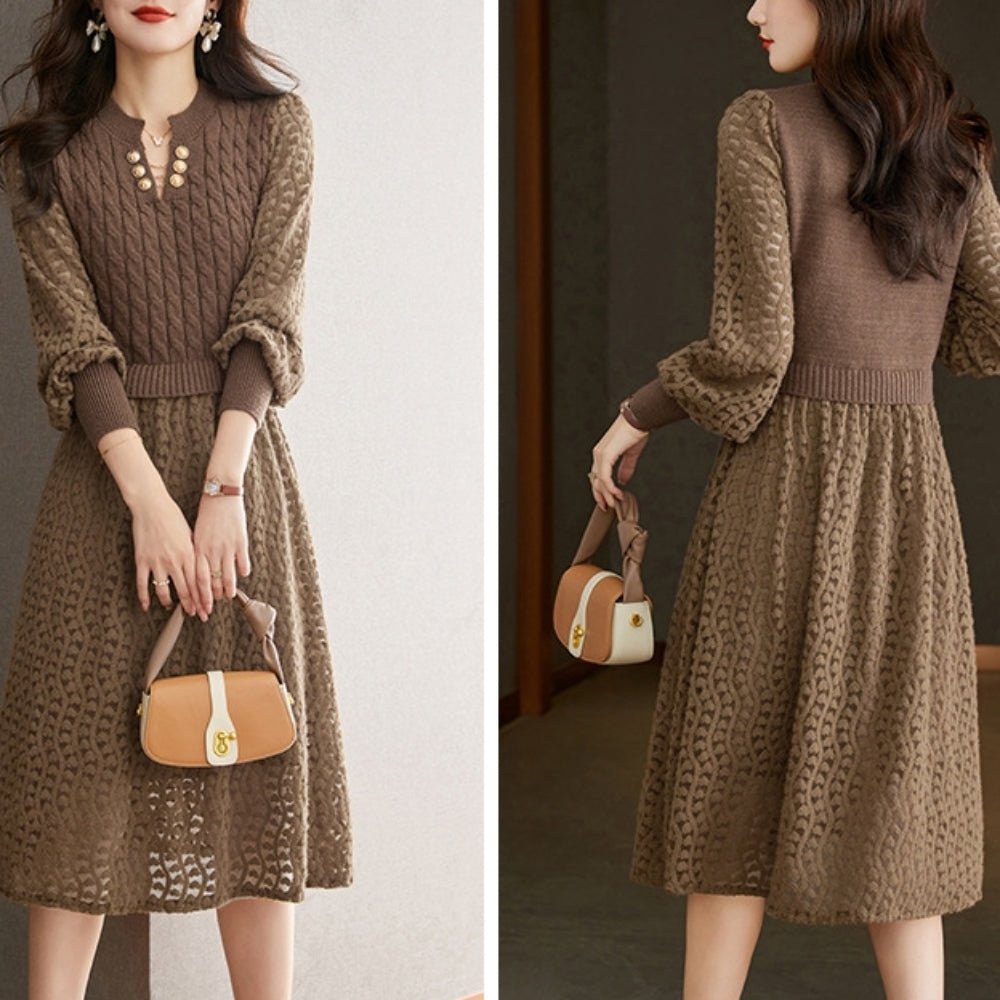 ランタンスリーブシースルー編みニットワンピース|オフィスカジュアル レディース 通販【ミレジェネ】