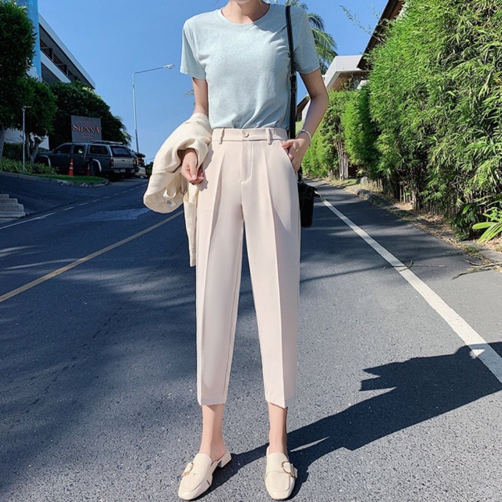 オフィスカジュアル 夏 ハイウエスト線有りクロップドストレートパンツ ミレジェネ