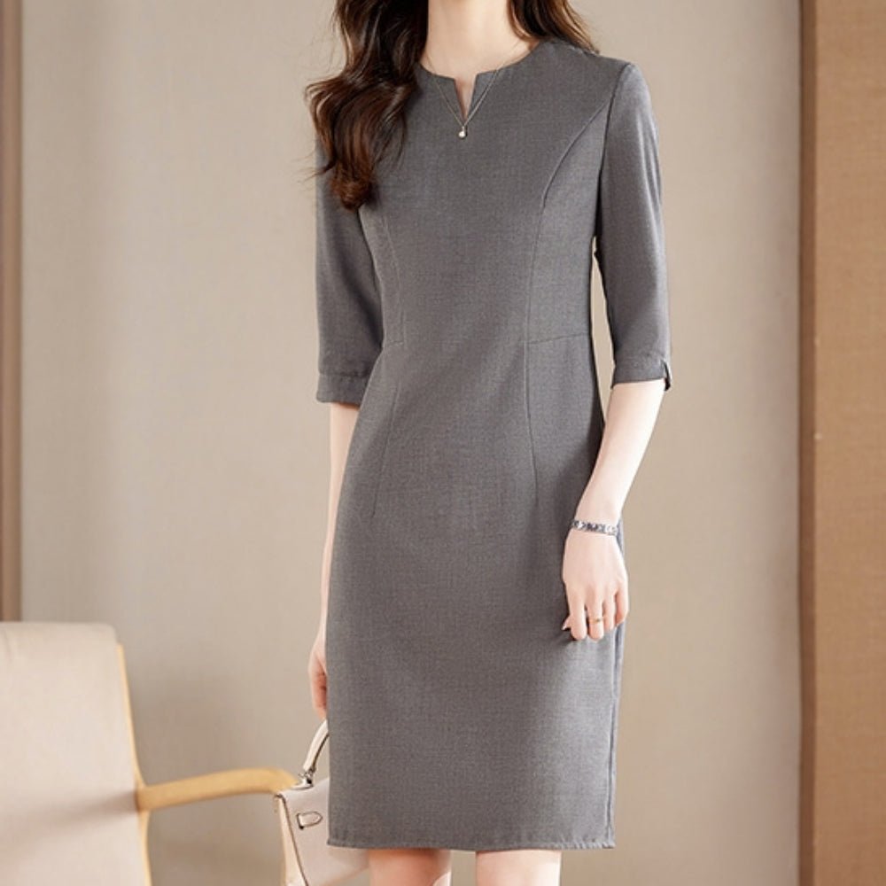 スリットネック膝丈タイトワンピース|オフィスカジュアル レディース 通販【ミレジェネ】