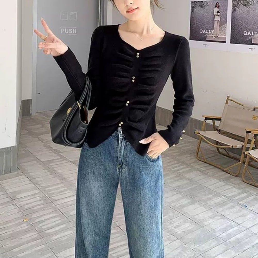 ゴールドボタンハートネックニットトップス|オフィスカジュアル レディース 通販【ミレジェネ】