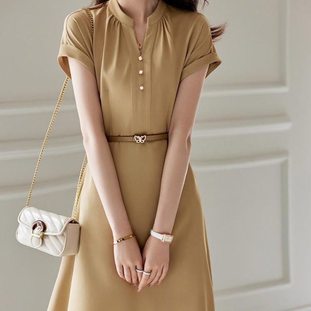 ベルト付きスタンドカラー半袖ワンピース|オフィスカジュアル レディース 通販 Millennial Generation【ミレジェネ】