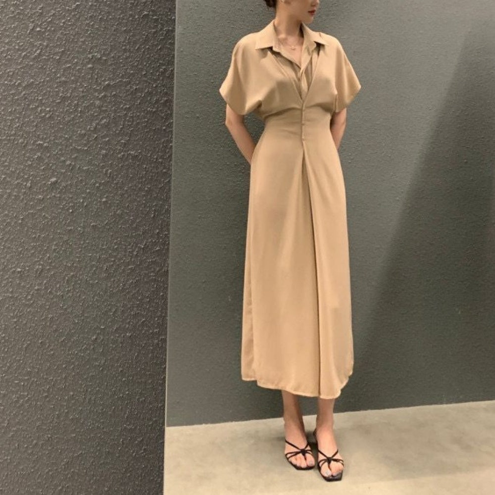 オフィスカジュアル 春 夏 ウエストボタン開襟半袖ワンピース ミレジェネ