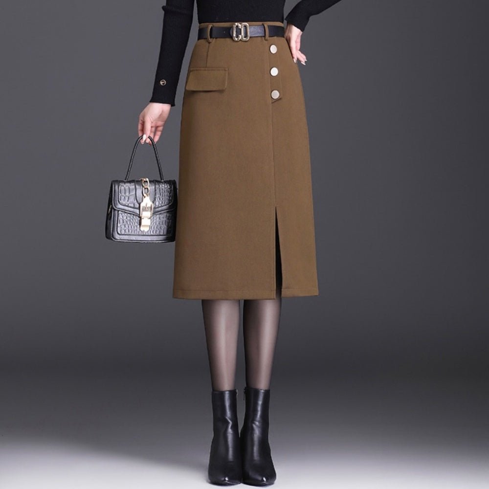 オフィスカジュアル 冬 フロントスリットミディ丈スカート ミレジェネ