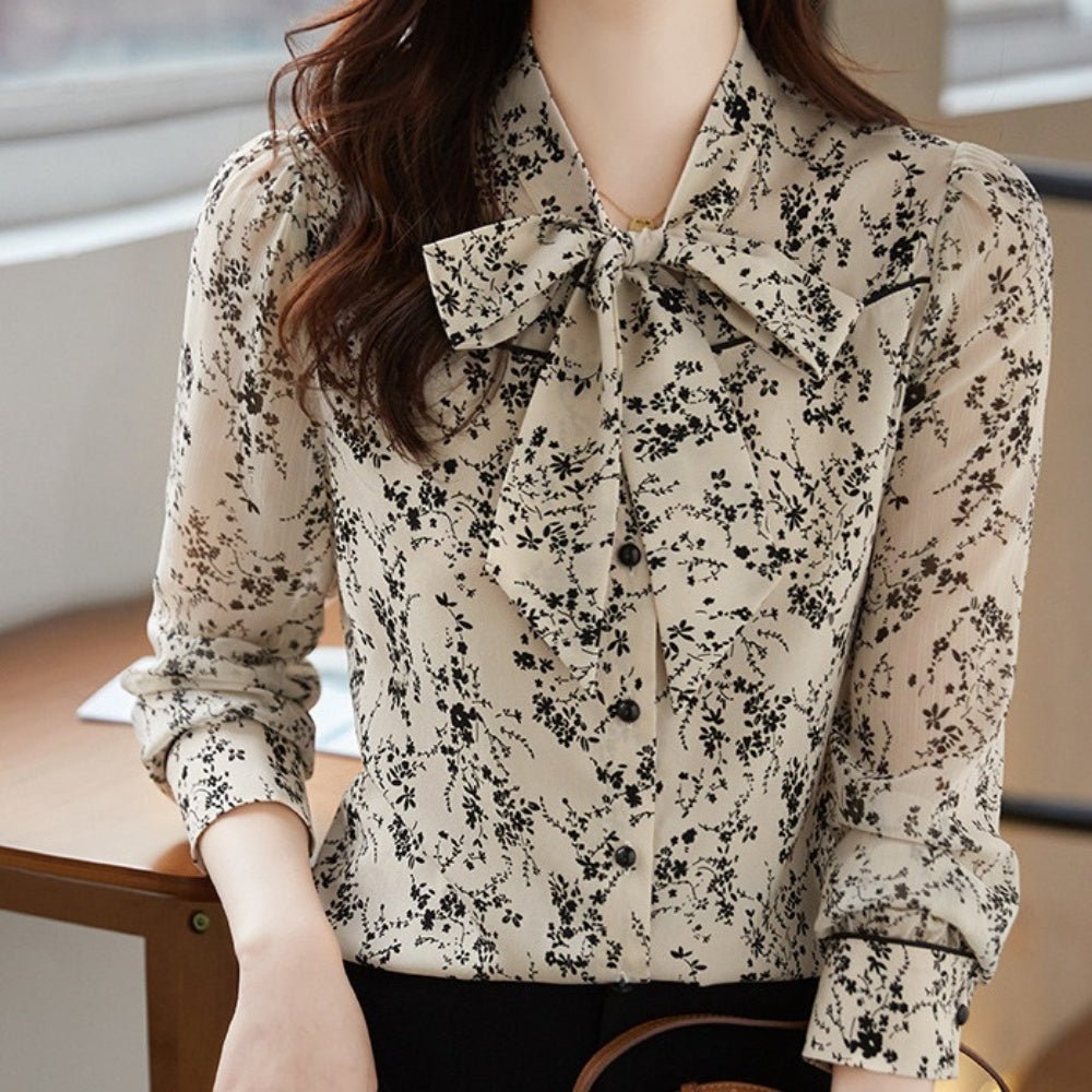 ボウタイ付レトロ花柄ブラウス|オフィスカジュアル レディース 通販【ミレジェネ】