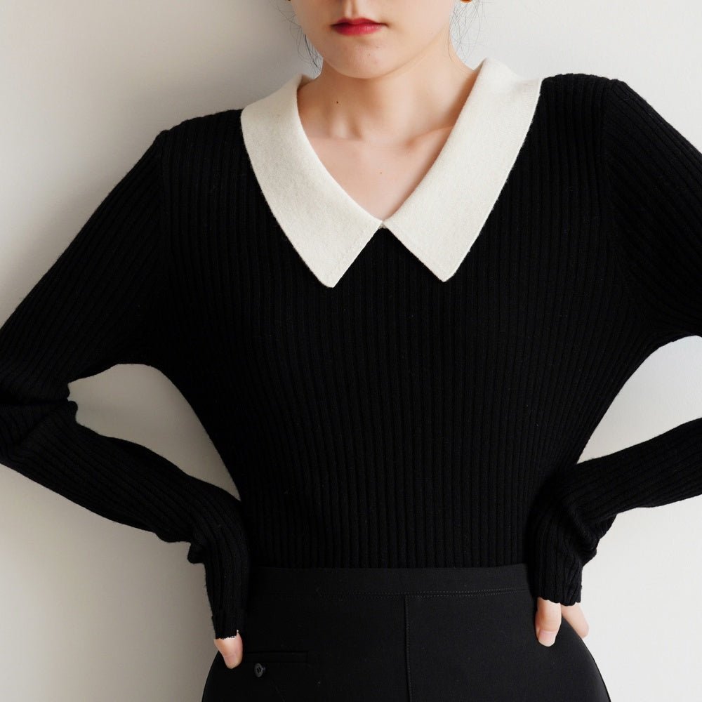 配色襟付きリブニットトップス|オフィスカジュアル レディース 通販【ミレジェネ】