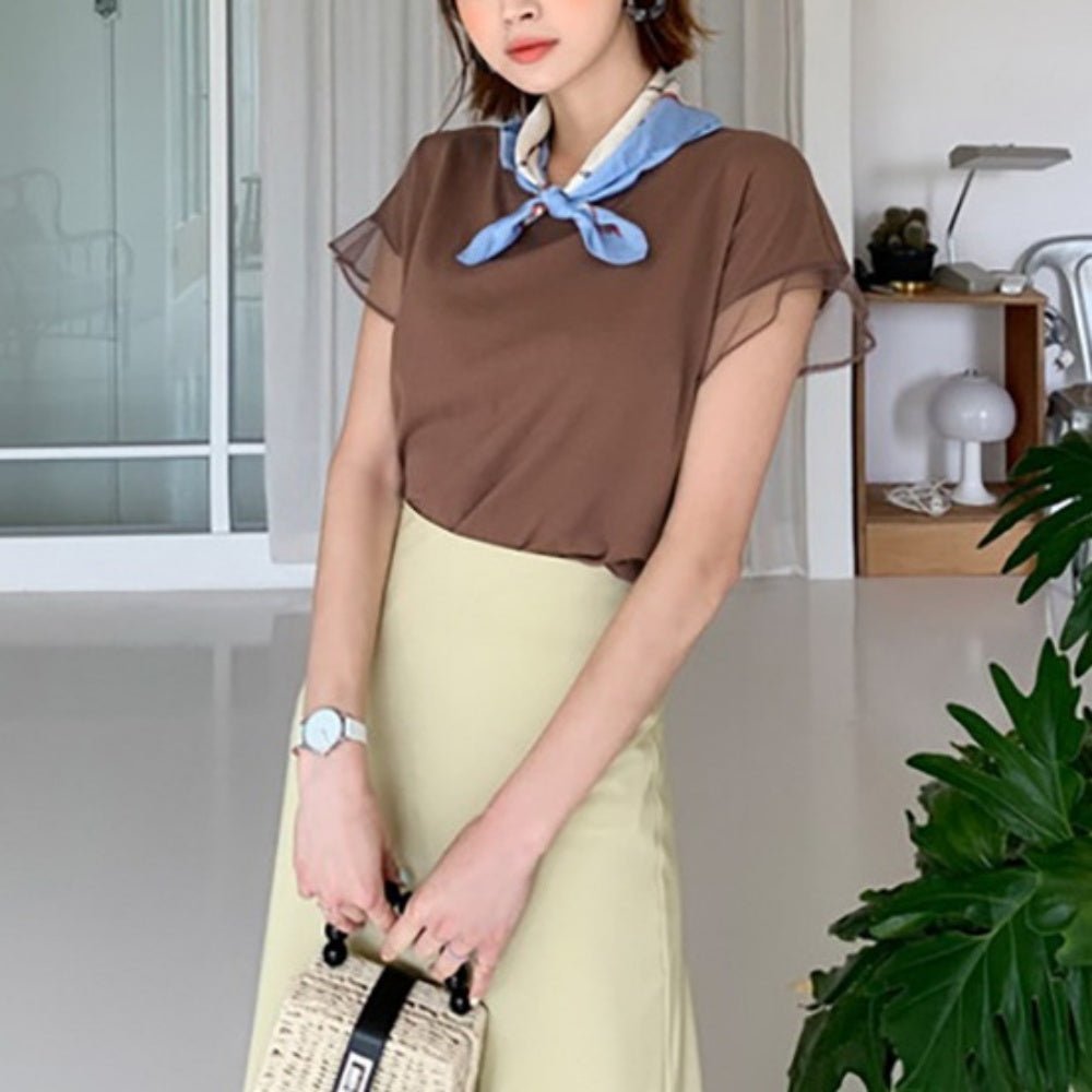 袖チュール切り替え半袖カットソー|オフィスカジュアル レディース 通販 Millennial Generation【ミレジェネ】