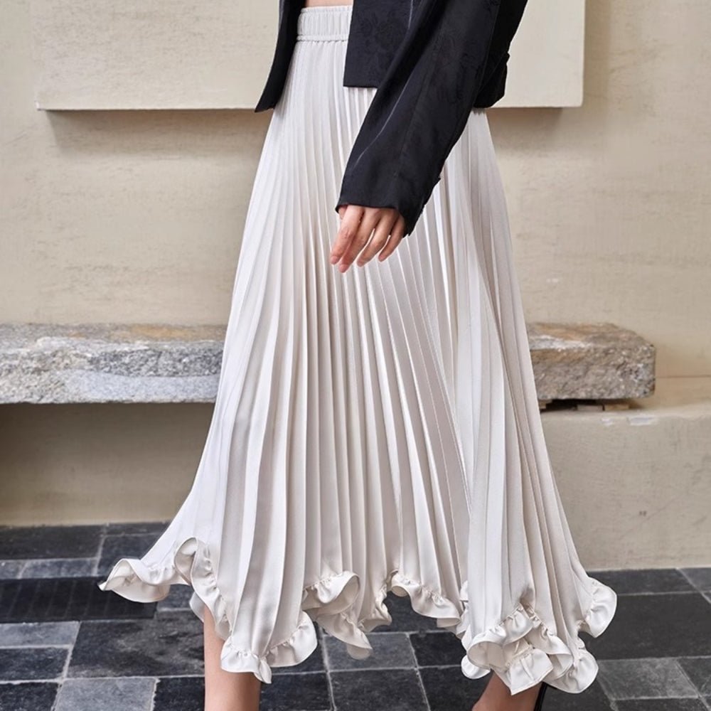 裾フリルサテンプリーツスカート|オフィスカジュアル レディース 通販【ミレジェネ】