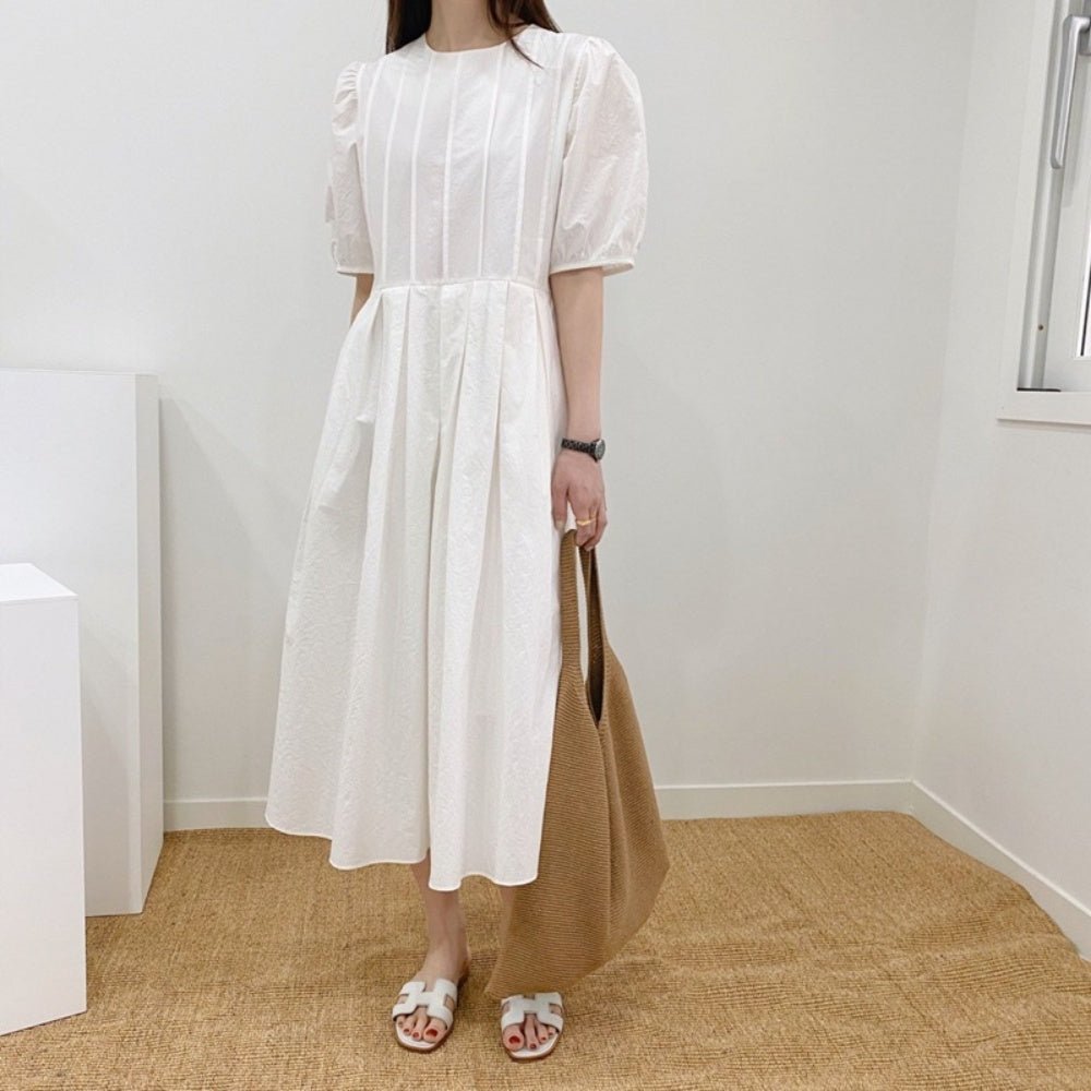 オフィスカジュアル 夏 ウエスト切り替えパフスリーブタックワンピース ミレジェネ