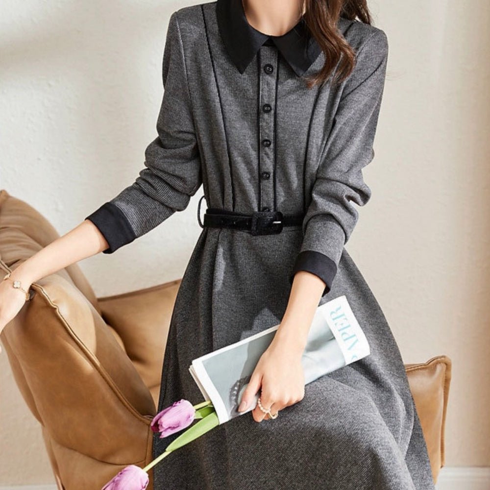 襟付き腰ベルトロングワンピース|オフィスカジュアル レディース 通販【ミレジェネ】