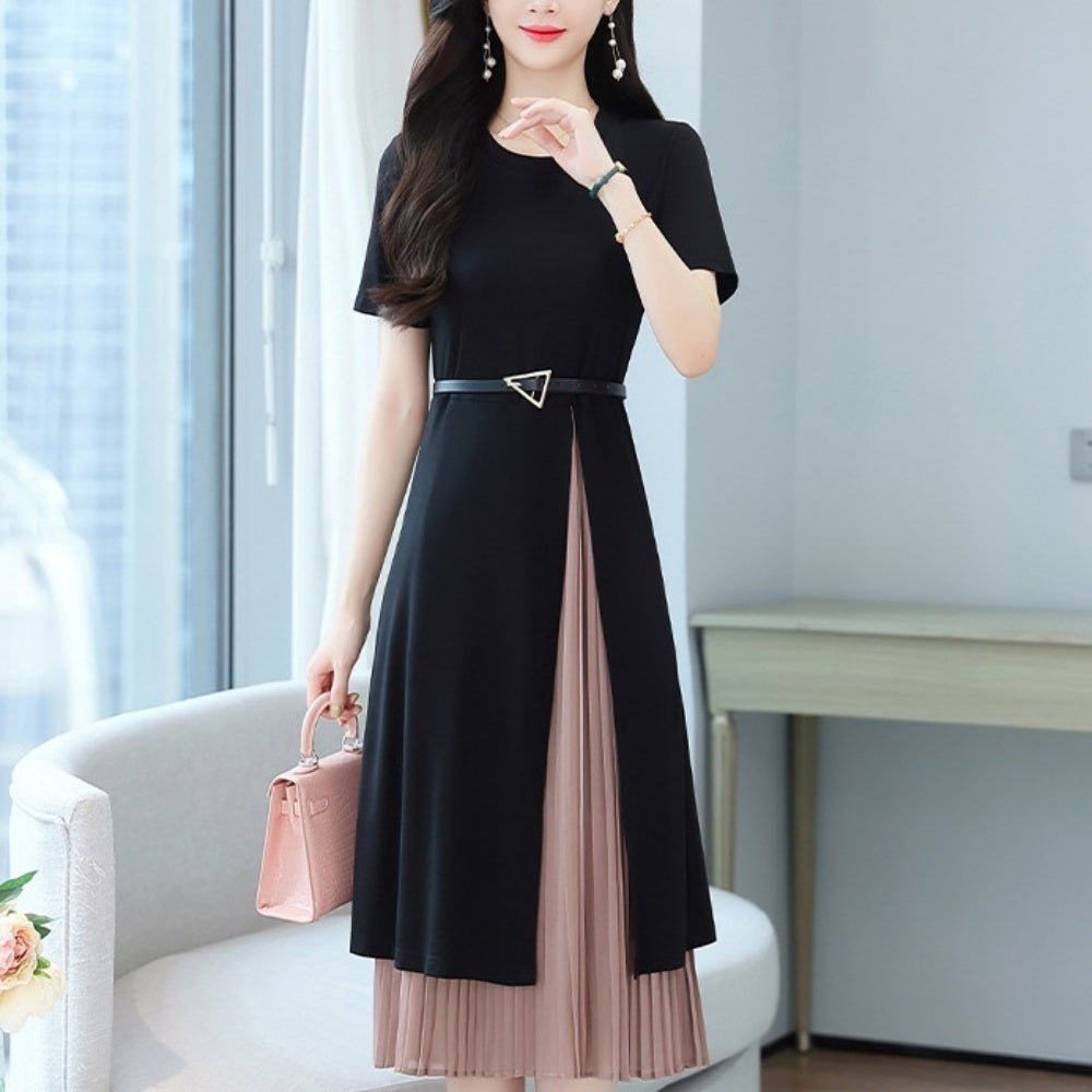 ベルト付きプリーツ切り替え半袖ワンピース|オフィスカジュアル レディース 通販 Millennial Generation【ミレジェネ】