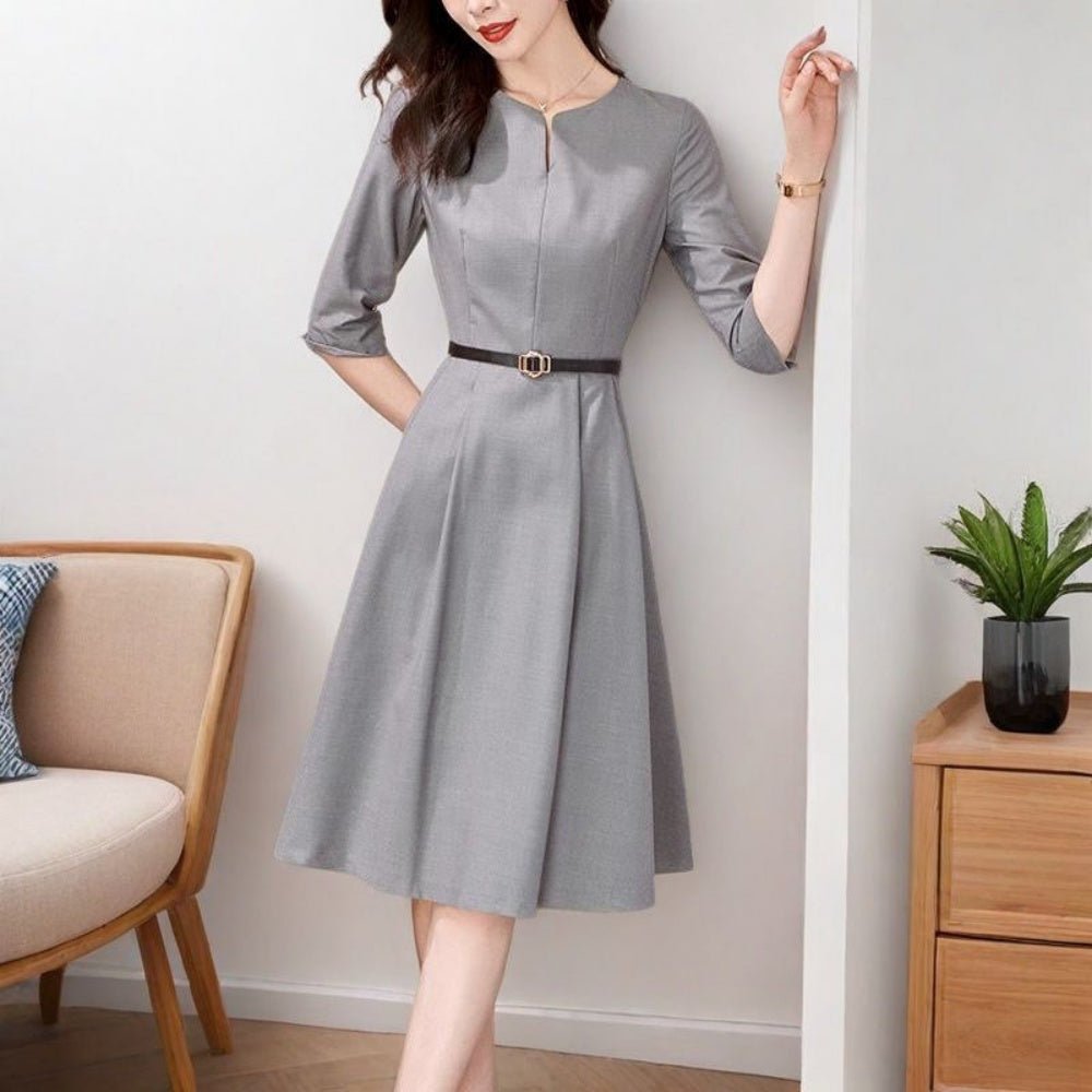 ウエストベルト七分袖ワンピース|オフィスカジュアル レディース 通販【ミレジェネ】