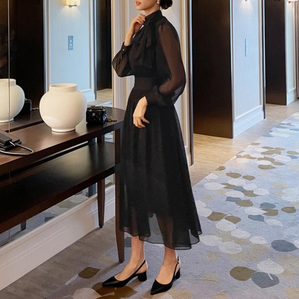 ボウタイネックシフォンフレアワンピース|オフィスカジュアル レディース 通販【ミレジェネ】