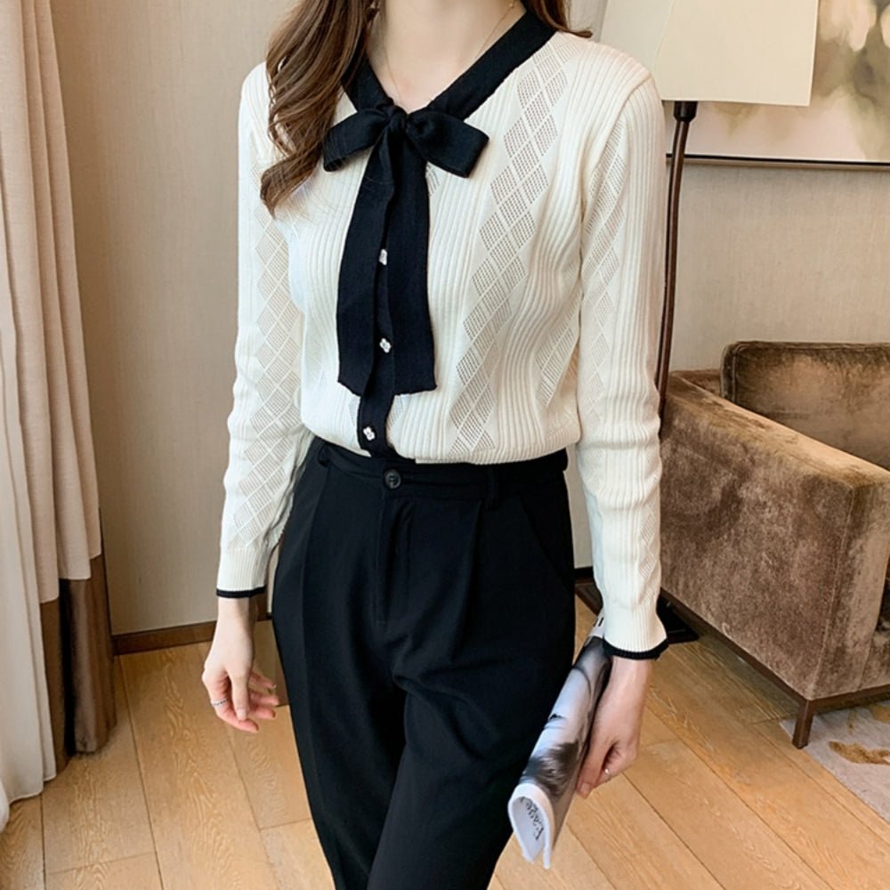 配色ボウタイ付きカーデ風ニットトップス|オフィスカジュアル レディース 通販【ミレジェネ】