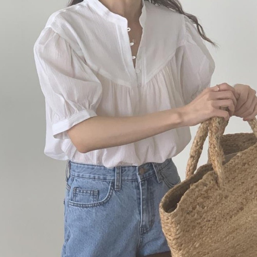 オフィスカジュアル 夏 前ボタン半袖シフォンブラウス ミレジェネ