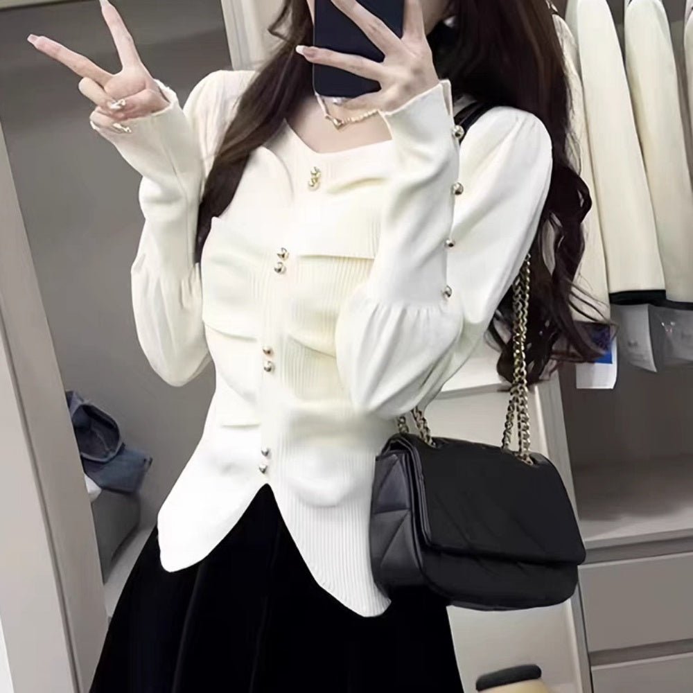 ゴールドボタンハートネックニットトップス|オフィスカジュアル レディース 通販【ミレジェネ】