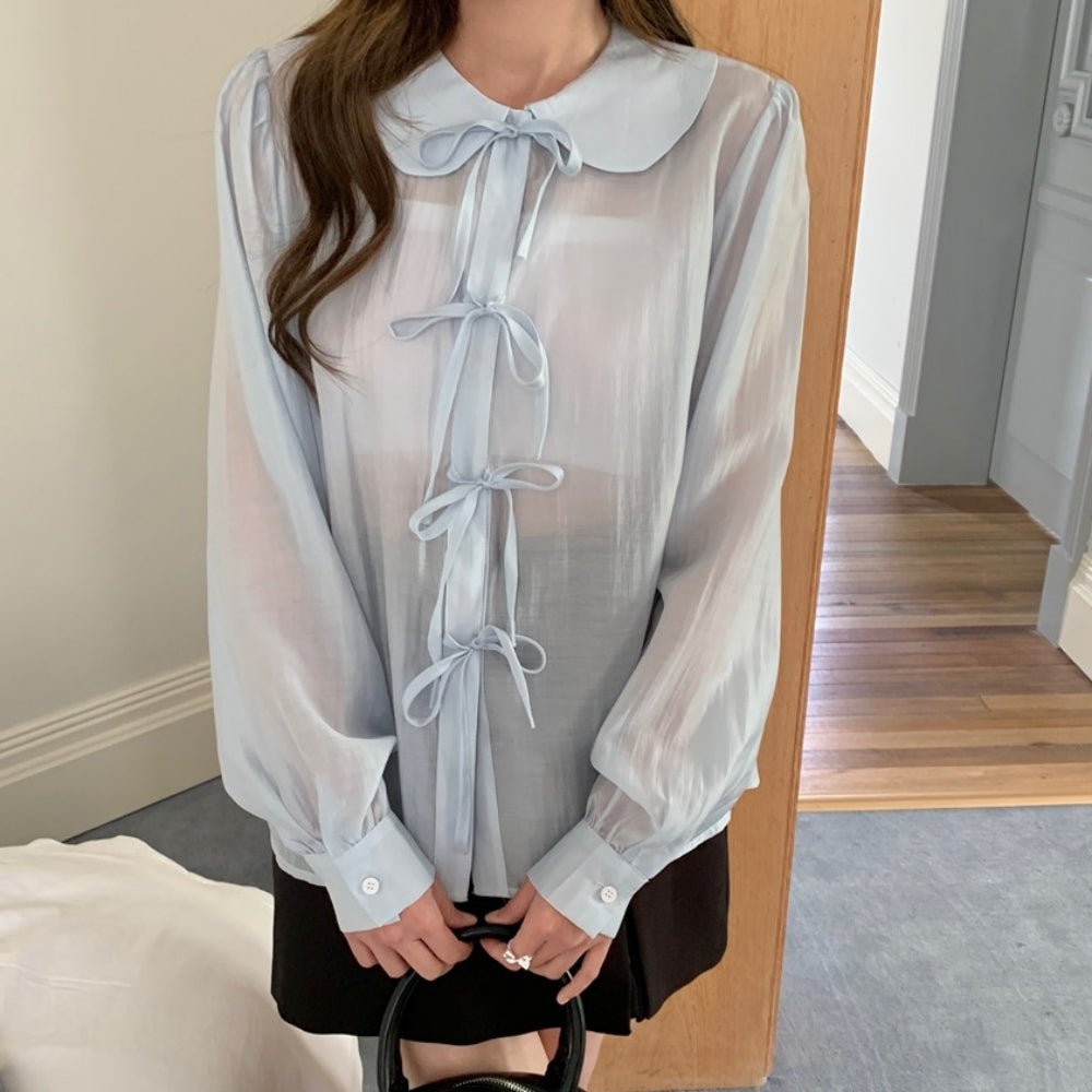 フラットカラーナローリボンシアーブラウス|オフィスカジュアル レディース 通販【ミレジェネ】