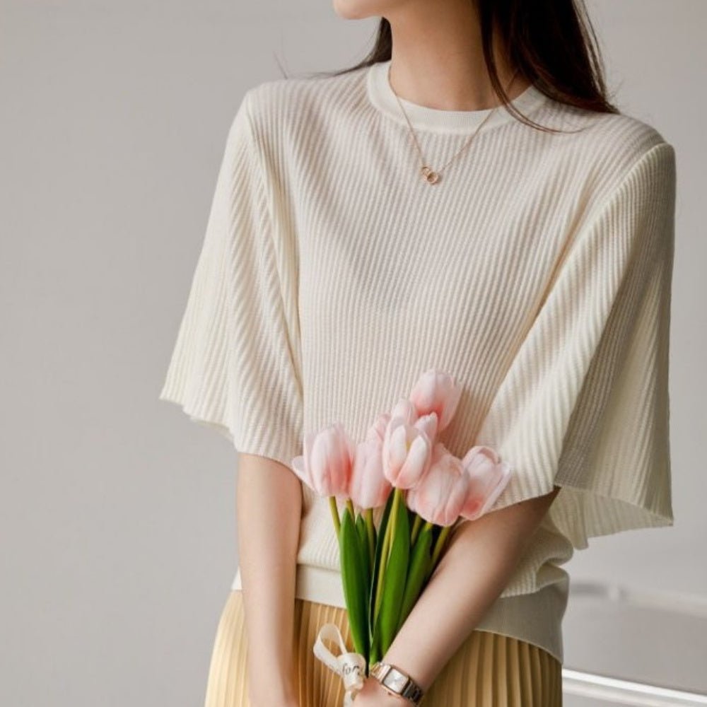 オフィスカジュアル 夏 クルーネックフレアスリーブサマーニットカットソー ミレジェネ