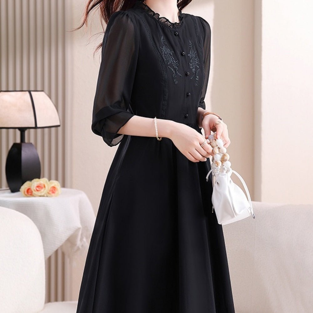 袖シフォンウエスト切り替え刺繡ワンピース|オフィスカジュアル レディース 通販 Millennial Generation【ミレジェネ】