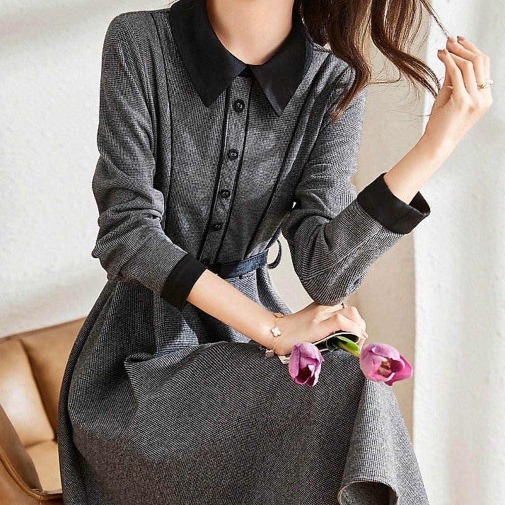 襟付き腰ベルトロングワンピース|オフィスカジュアル レディース 通販【ミレジェネ】