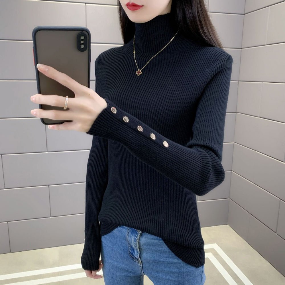 金ボタンハイネックリブニット|オフィスカジュアル レディース 通販【ミレジェネ】