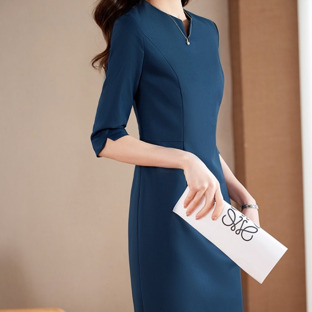 スリットネック膝丈タイトワンピース|オフィスカジュアル レディース 通販【ミレジェネ】