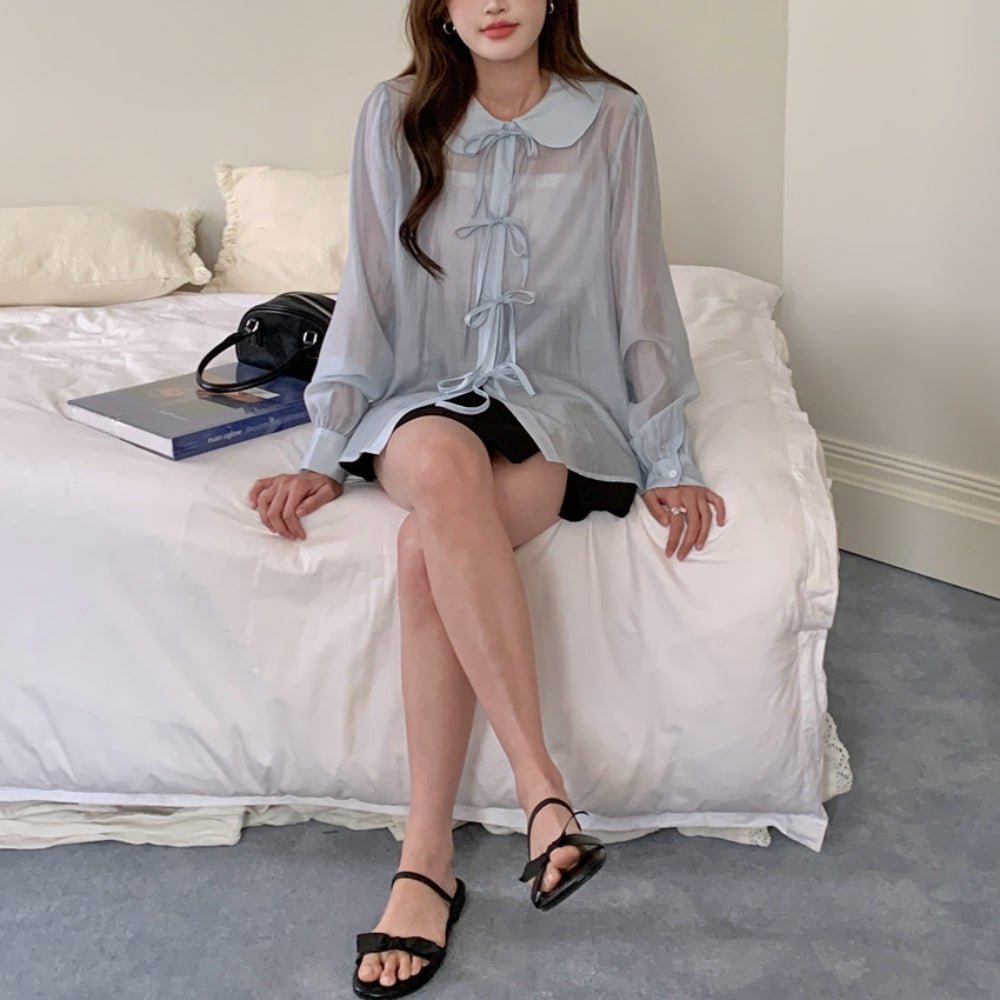 フラットカラーナローリボンシアーブラウス|オフィスカジュアル レディース 通販【ミレジェネ】