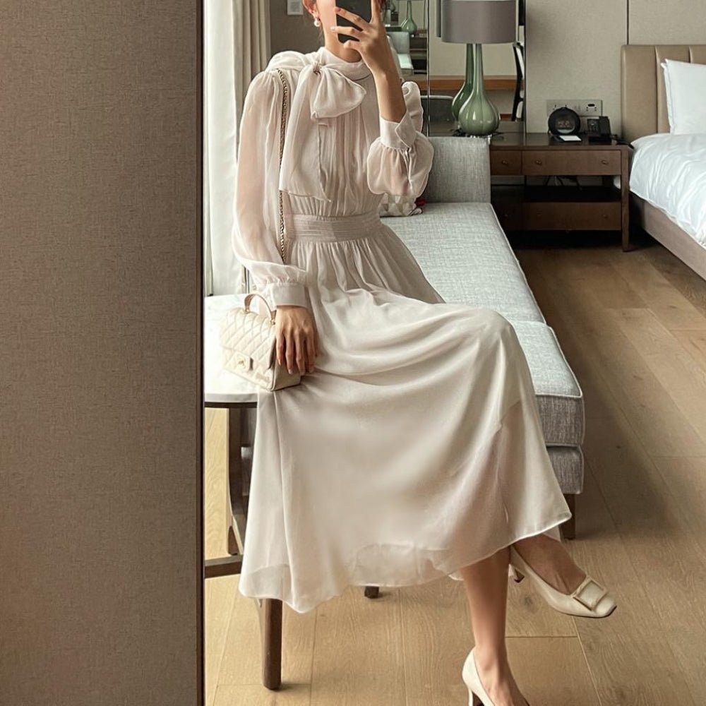 ボウタイネックシフォンフレアワンピース|オフィスカジュアル レディース 通販【ミレジェネ】